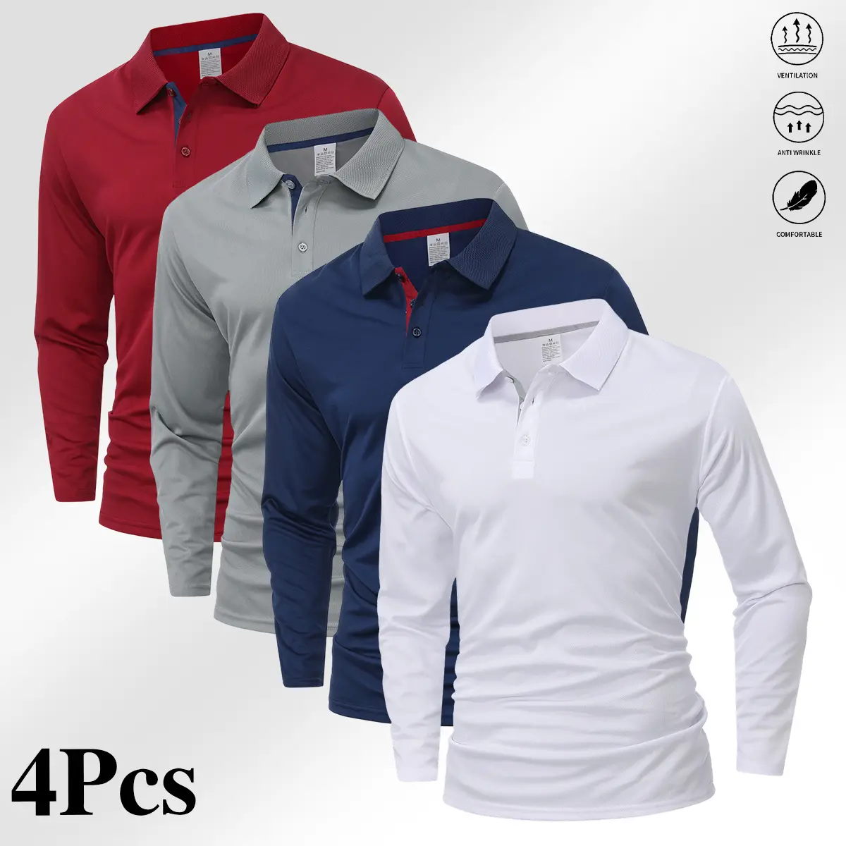 Four-piece men’s casual set featuring a long-sleeve quick-dry polo shirt for golf and tennis; comfortable cycling apparel with a stylish color-block design at the collar and cuffs. New 2026 polo shirt design, summer wins, Father’s Day gifts