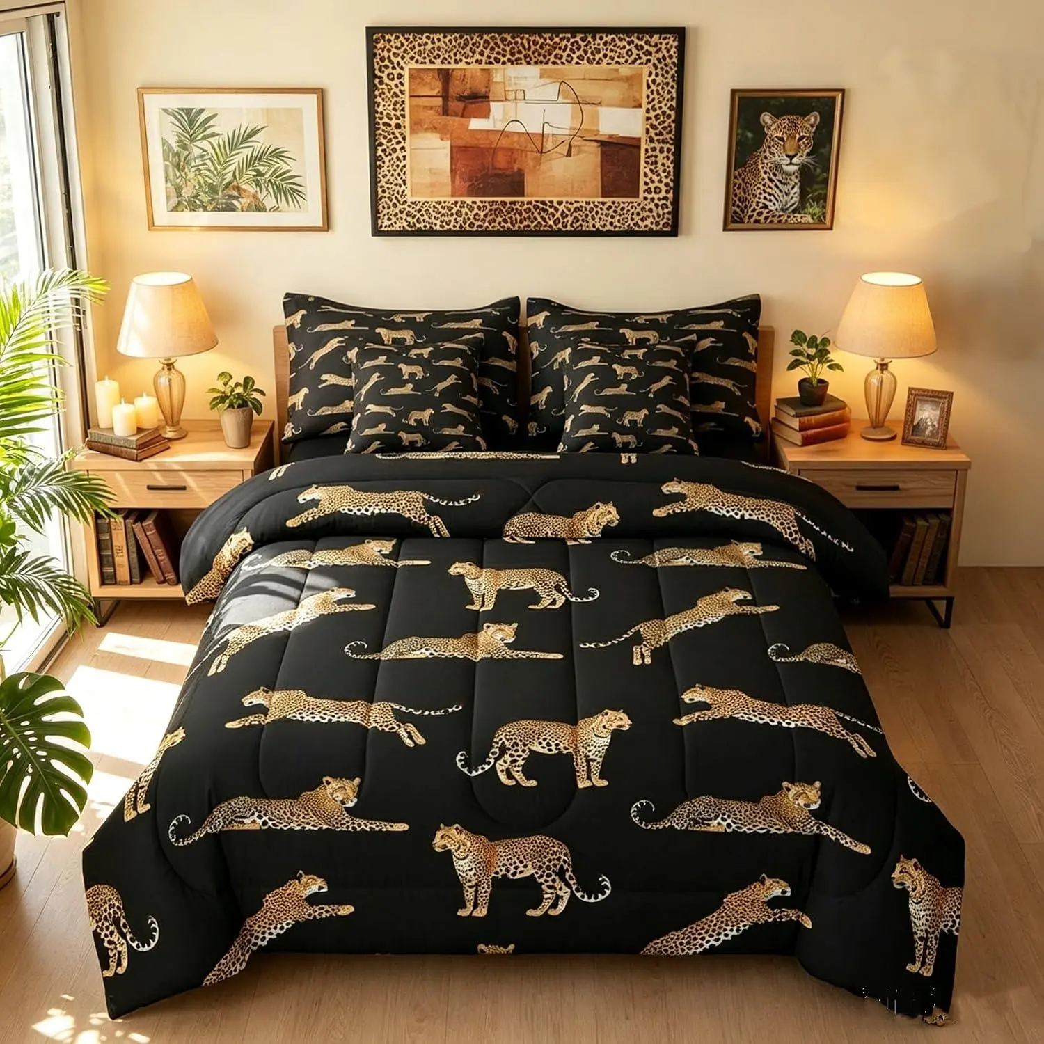 Feelyou 7-Piece Leopard Print Bedding Set - Black Brown Cheetah Comforter Bed-in-A-Bag with Flat & Fitted Sheets, Dark Minimalism Wildlife Motif, Microfiber Luxe, Wrinkle Res, Machine Washable, Multi-Size