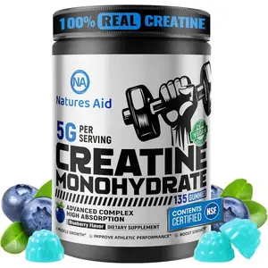 Natures Aid Creatine Monohydrate Gummies 5g Blueberry Electrolyte 135 Count for Pre-Workout Energy, Muscle Growth, Strength, Endurance & Performance Support for Men & Women Fitness