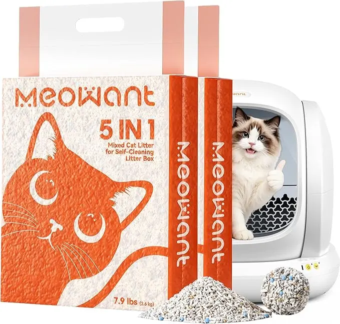 Meowant Mixed Cat Litter, Natural Lightweight 5-in-1 Bentonite Tofu Clumping Cat Litter Specially for All Automatic Litter Boxes, Dust-Free, Odor Control, Ultra Absorbent, Fast Clumping, 7.9lbs*2