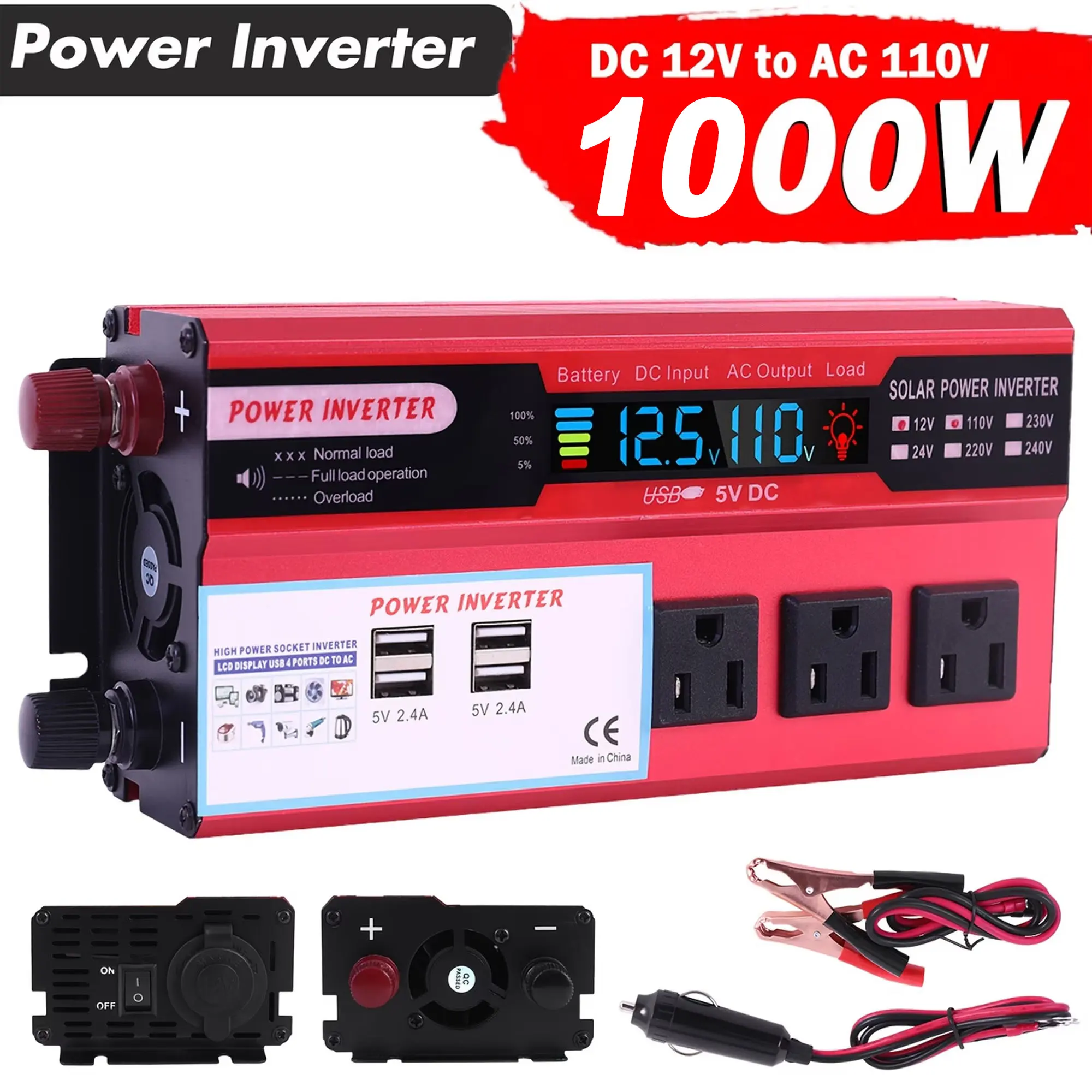 Portable 1000W Power Inverter with LCD Display, DC 12V to AC 120V Car Converter, 3 US Sockets + 4 USB Charging Ports, Power 7 Devices at Once, Cigarette Lighter & Battery Clamps Dual Input, Emergency Backup Power Supply