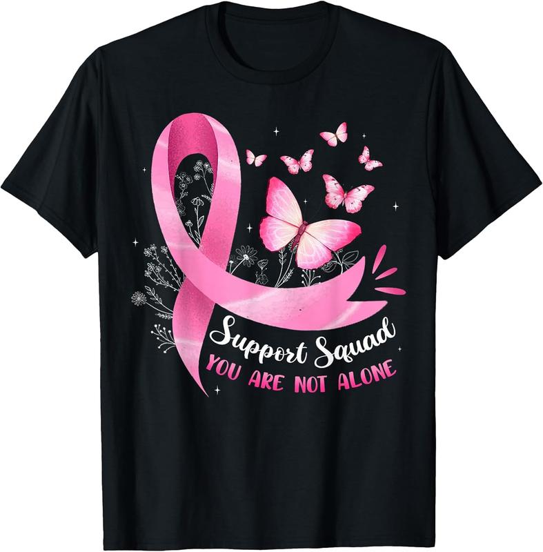 Women's Breast Cancer Support Squad Cotton Round Neck Short-Sleeve Top - All Seasons Fit, Butterfly & Pink Ribbon Design, Machine Washable, Gentle Support Fabric, 4XL, 5XL, Casual Everyday Tee