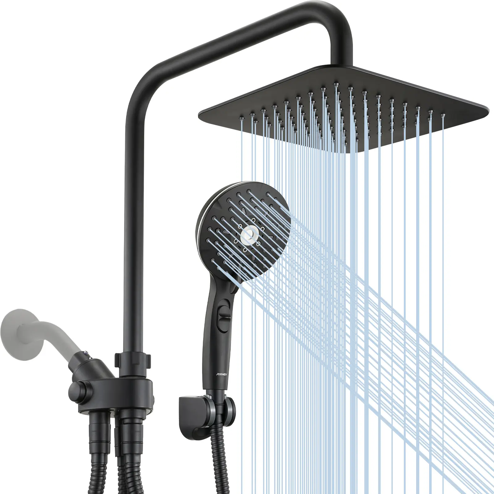 Ryamen Dual Shower Head Combo, 8'' High Pressure Rain/Rainfall Shower Head,5 Settings Adjustable Handheld Showers,with 15" Height Adjustable Slide Bar,Holder/Hose, Angle Adjustable, high pressure showerhead,tiktok shop showerhead