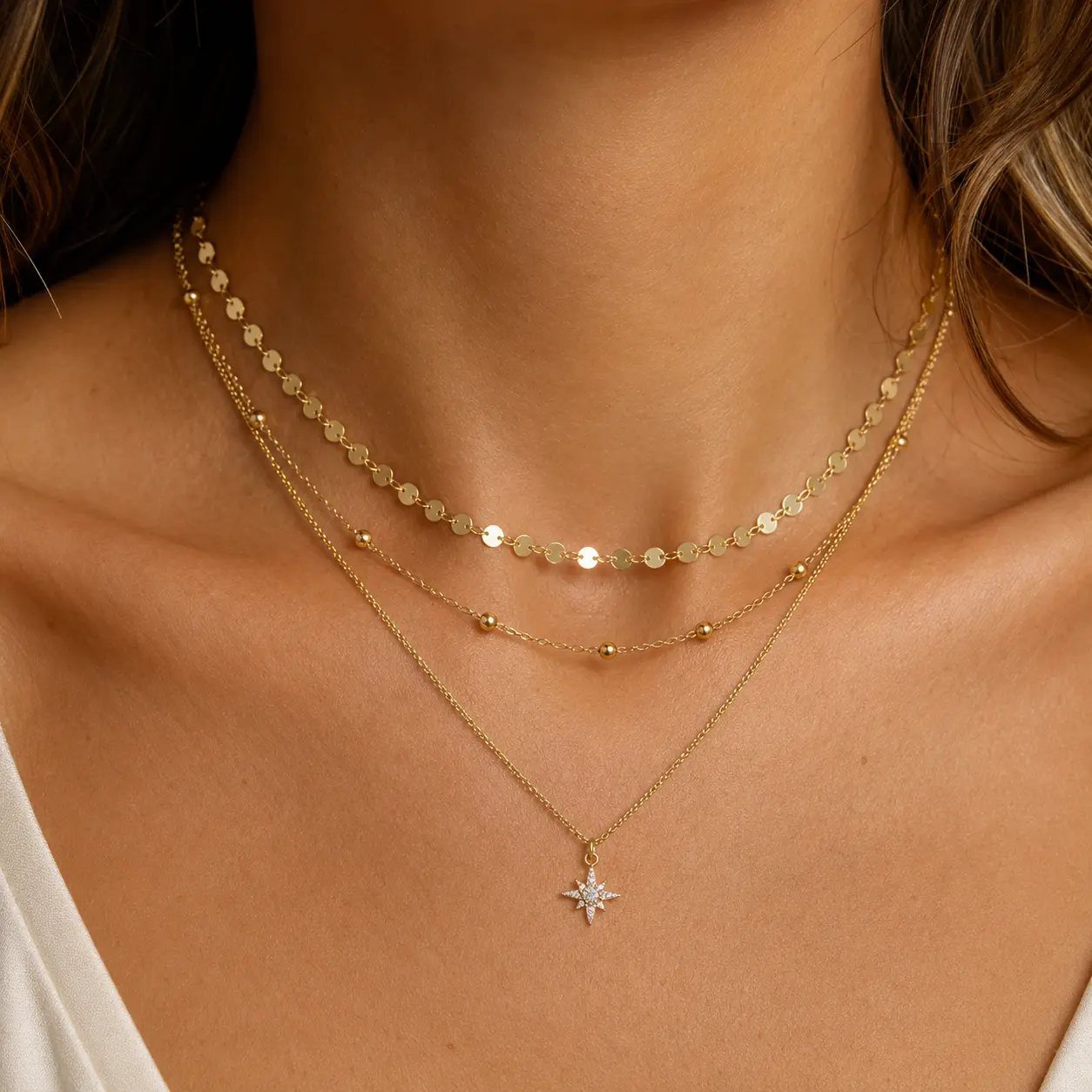 Women's 14k Gold Plated Layered Stackable Necklaces, Dainty Star Pendant Chain Set, Adjustable Length Gold Necklace for Women, Gold Necklace Women