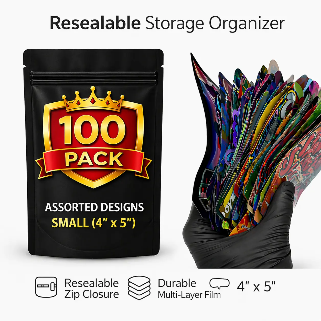 100 Pack Small 4in x 5in Organizer Zip Pouches Assorted Designs