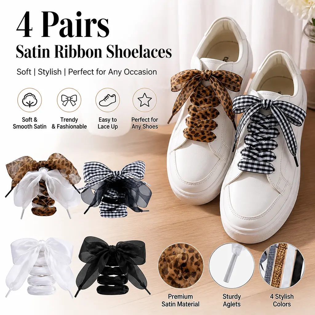 Women's Polyester Synthetic Satin Ribbon Shoelaces (4 Pairs, 2.5 cm-120 cm Length, 4 cm Width) - Soft Bowknot Fashion Laces with Leopard, Checkered, Bright Colors, Christmas, Birthday Designs for Sneakers, Casual Shoes