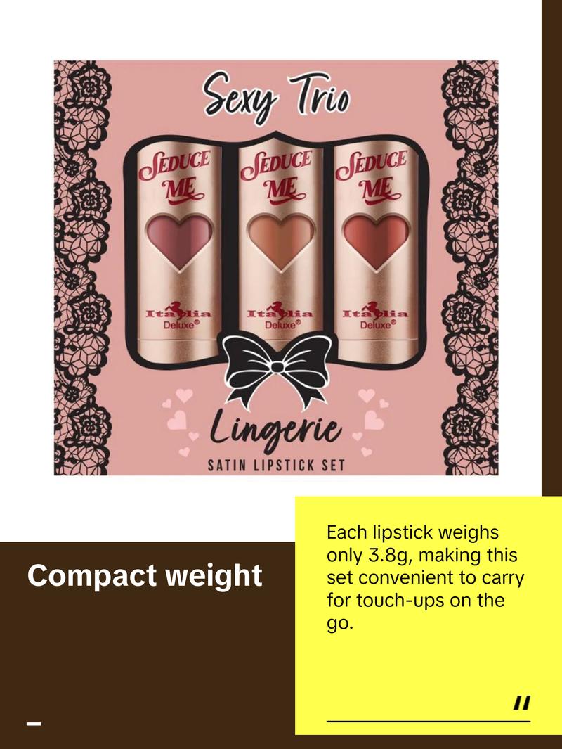 Italia Deluxe Sexy Trio Satin Lipstick Set - Silky Soft Moisturizing Lipsticks in Assorted Colors - Affordable Makeup Cosmetic
