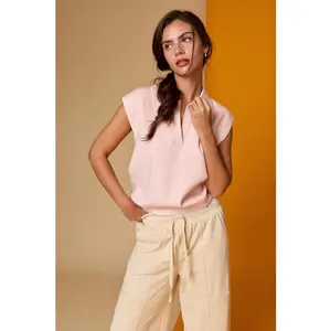 MAEVE CROPPED POLO KNIT TOP PINK