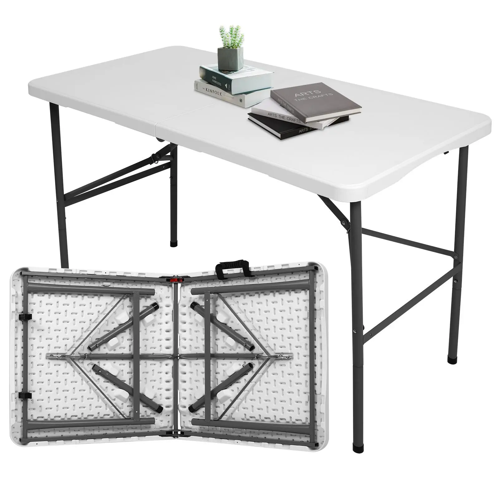 4FT Fold Portable Picnic Table with Convenient Carry Handle, Straight Leg Adjustable Height Plastic Foldable Table, Outdoor Camping Table for Beach, Parties and Indoor Kitchen, White