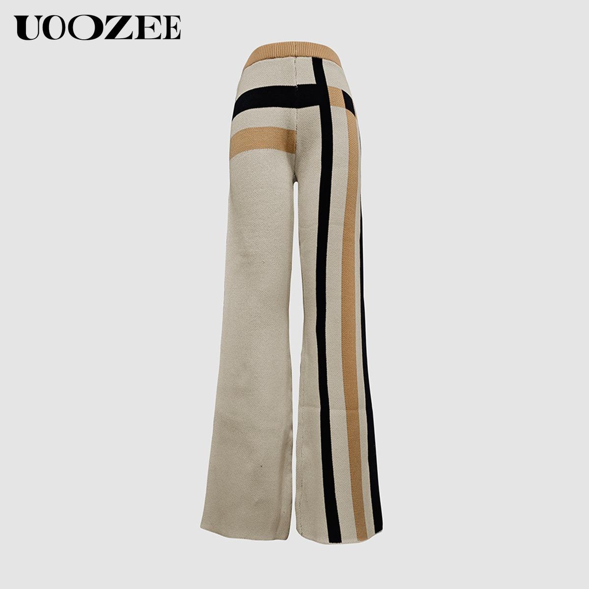 UOOZEE Loose Striped Round-Neck Pullovers Sweater Tops & Loose Wide Leg Striped Casual Pants Set Viscose Nylon Knitting Women's Clothing Suits Long Sleeve(The bottom is a bit small. It is recommended to choose one size larger)