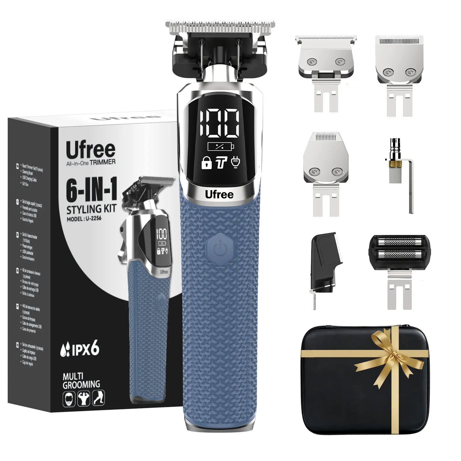 Ufree 6-in-1 Professional Men's Beard Trimmer, IPX6 Waterproof Cordless Electric Shaver, Type-C Rechargeable Grooming Kit for Mustache, Nose, Body Hair, Birthday Valentine's Gifts for Him