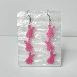#464 Triple Pink Glitter Bunny Rabbits Earrings, Casual Easter Jewelry