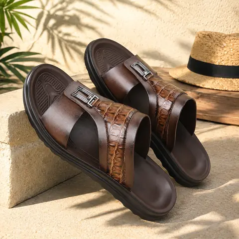 Men's Cutout Slide Sandals Textured Band Open Toe Slip On Lightweight Cushioned Indoor Outdoor Beach Pool Summer Shoes Black Brown