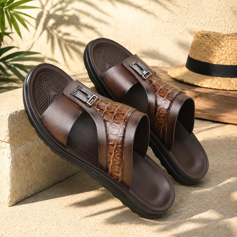 Men's Cutout Slide Sandals Textured Band Open Toe Slip On Lightweight Cushioned Indoor Outdoor Beach Pool Summer Shoes Black Brown