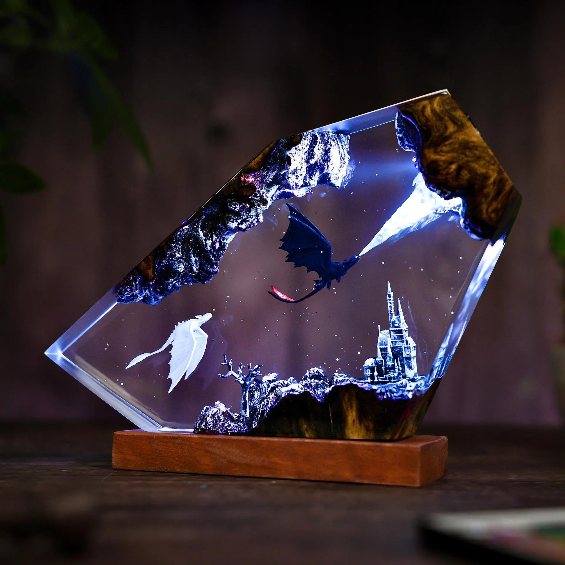 Handmade How To Train Your Dragon Toothless & LightFury Resin Mascot Figurine Decorative Mood Lamp - USB Powered, Wooden Base, Remote, Color Changing Lights, Unique Gifts, Birthday Gifts Idea for Home Bedroom Decor, Mascot Figurine Decorative Lights