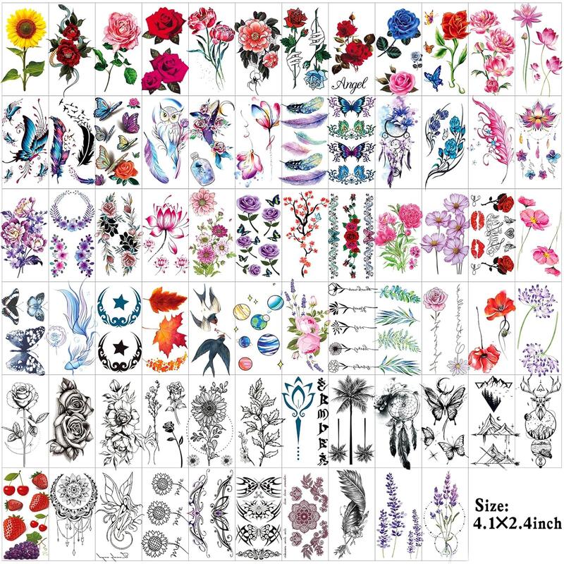 82 Sheets Flowers Temporary Tattoos Stickers, Roses, Butterflies and Multi-Colored Mixed Style Body Art Temporary Tattoos for Women, Girls or Kids