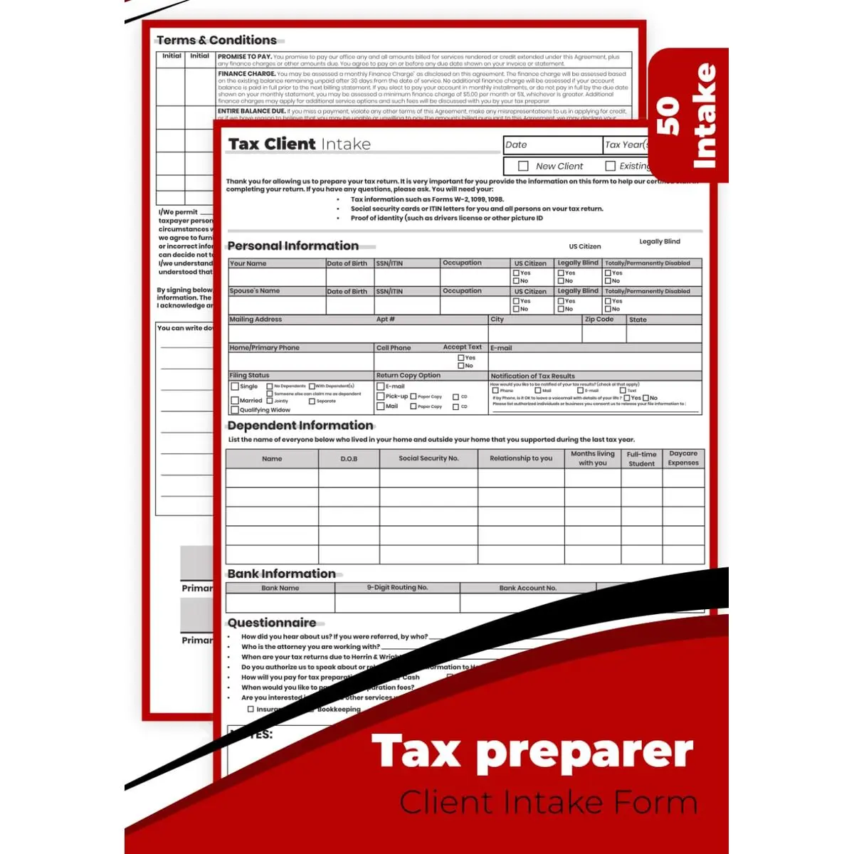 Tax Preparer Client Intake Form: Perfect For Tax Preparers To Collect Necessary Information From Clients Before Preparing Their Tax Returns. 2 Pages/ Form 50 Intake (8.27x11.69 Inches) Paperback – May 12, 2023