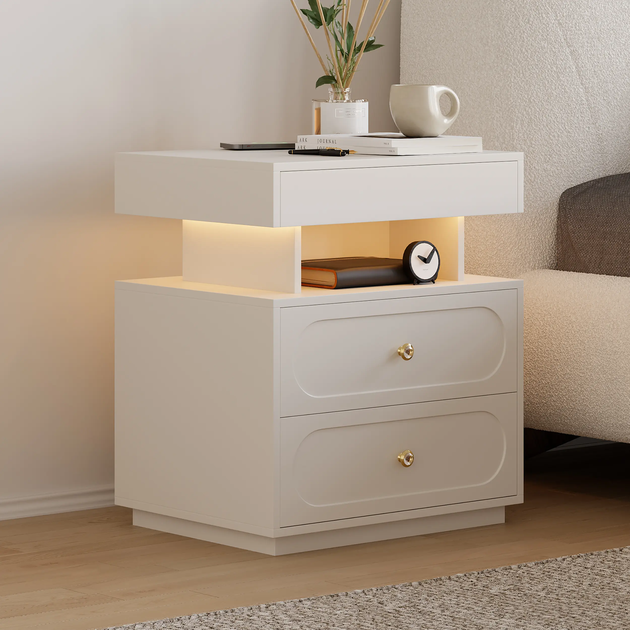 Homary Krila Floating LED Smart Nightstand - 3 Drawers, Built-in & Hidden Storage Drawers Bedside Tables, Illuminated Vanity, Luxury Modern, Multi-Purpose Indoor Furniture Table, Built-In Storage Drawers Bedside Tables