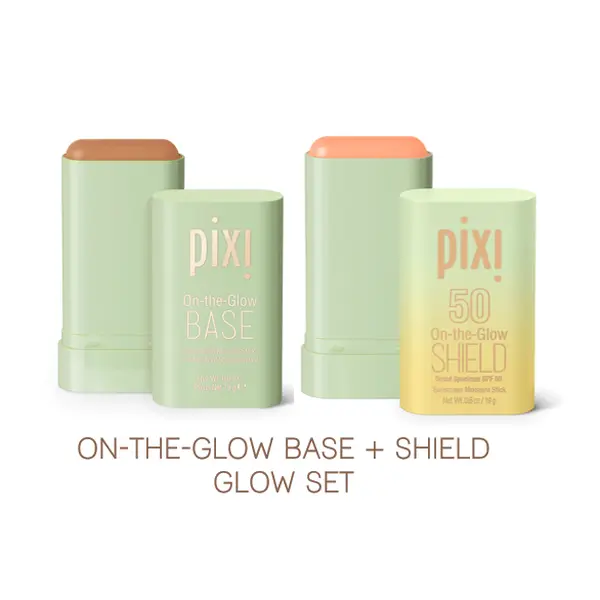 Pixi On-The-Glow Cosmetic Glow Set - Regular Edition Moisturizing Hydrating Foundation Base, Antioxidants Rich SPF 50 Moisture Shield Stick, FREE Makeup Bag, Light Makeup