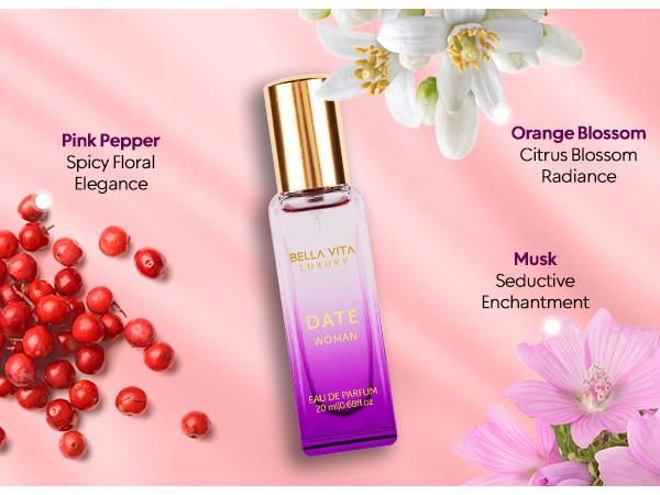 BellaVita Luxury's Date - 20 ml | Mini Perfume for Women | Pink Pepper, Red Fruit & Jasmine | Fruity & Spicy | Long Lasting - 0.7 Fl.oz.