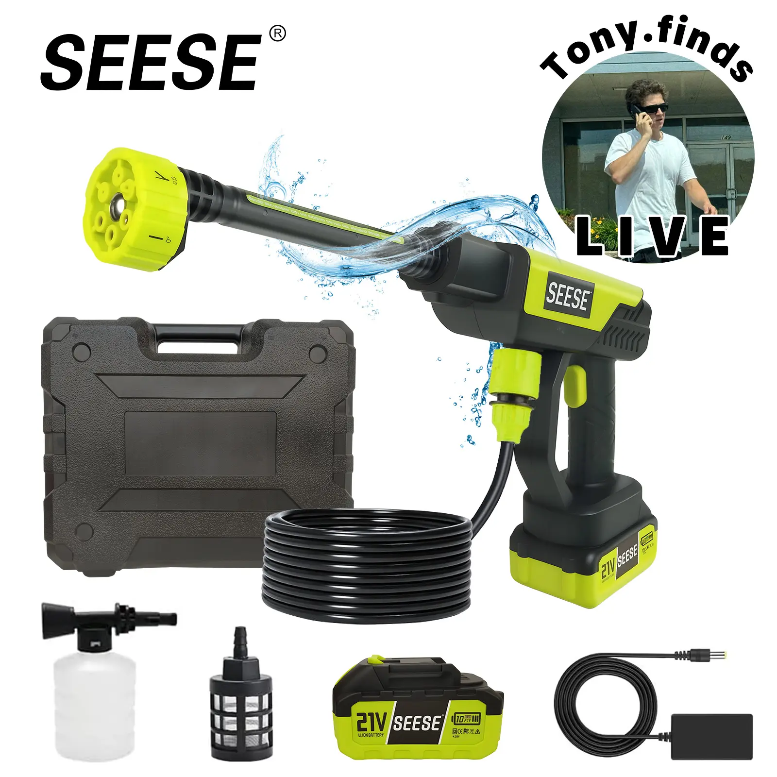 SEESE Cordless Pressure Washer,Portable Bottle Washer with Single-Port Charging Base for Car, Home Cleaning & Garden Watering