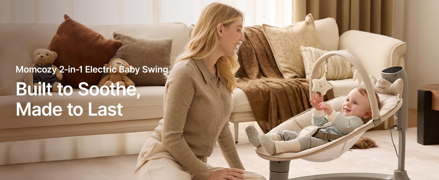 Momcozy 2-in-1 Electric Baby Swing, Dual-Arm Support System & Parent-Inspired Motions, Convertible to Toddler Seat up to 66 lbs, Adjustable Height, Lightweight, Khaki