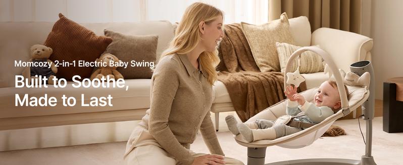 Momcozy 2-in-1 Electric Baby Swing, Dual-Arm Support System & Parent-Inspired Motions, Convertible to Toddler Seat up to 66 lbs, Adjustable Height, Lightweight, Khaki
