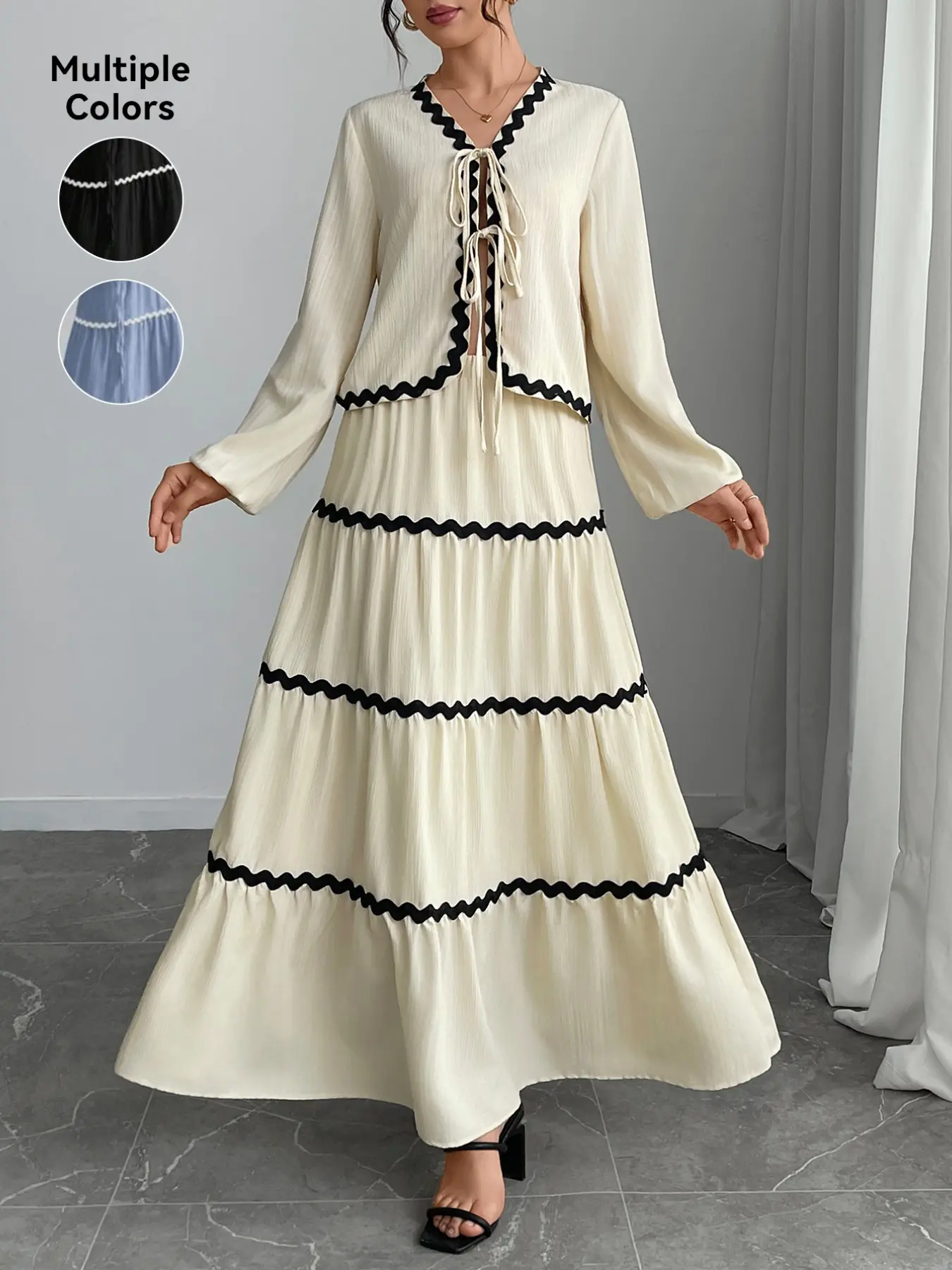 Women's Colorblock Tie Front Top & Skirt Two-piece Set, Matching Outfit, Elegant Chic Fashion Casual Bishop Sleeve Top & Long Skirt for Daily Outdoor Wear, Women's Clothing for Spring & Fall, Womenswear