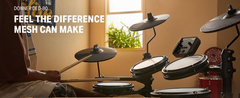 Donner DED-80 Electronic Drum Set, Electric Drum Set for Beginner with 4 Quiet Mesh Drum Pads, 2 Switch Pedal, 180+ Sounds, Throne, On-Ear Headphones, Sticks, and Melodics Lessons Included Black