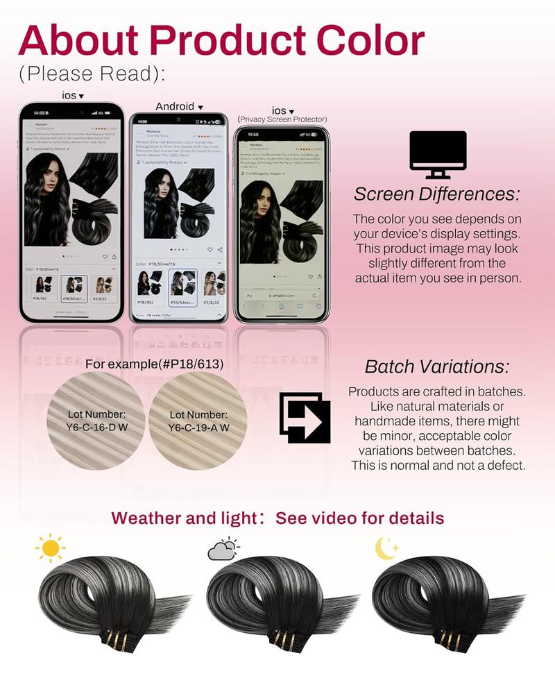 MORESOO Clip-in Hair Extensions Remy Human Hair Natural Straight 10-28inch Invisible Seamless Color Blend Easy Wear Black Hair Clip on for Women