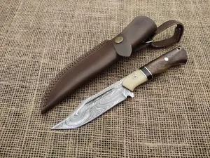 Handmade Damascus Steel Twist Fixed Blade Hunting Knife | 10” Camping Survival Skinner Knife with Rosewood, Resin & Bone Handle