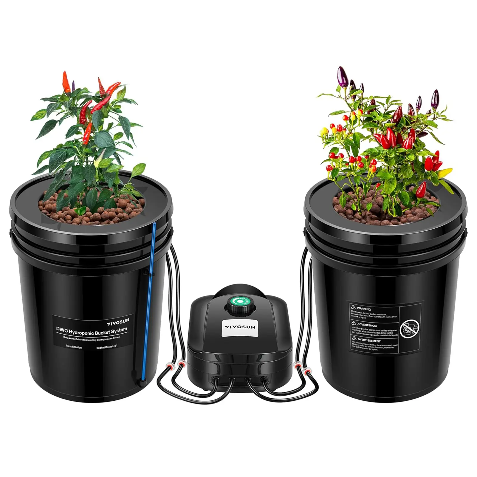 VIVOSUN DWC Hydroponics Grow System with Top Drip Kit, 5-Gallon Deep Water Culture, Recirculating Drip Garden System with Multi-Purpose Air Hose, Air Pump, and Air Stone (2 Buckets + Top Drip Kit)