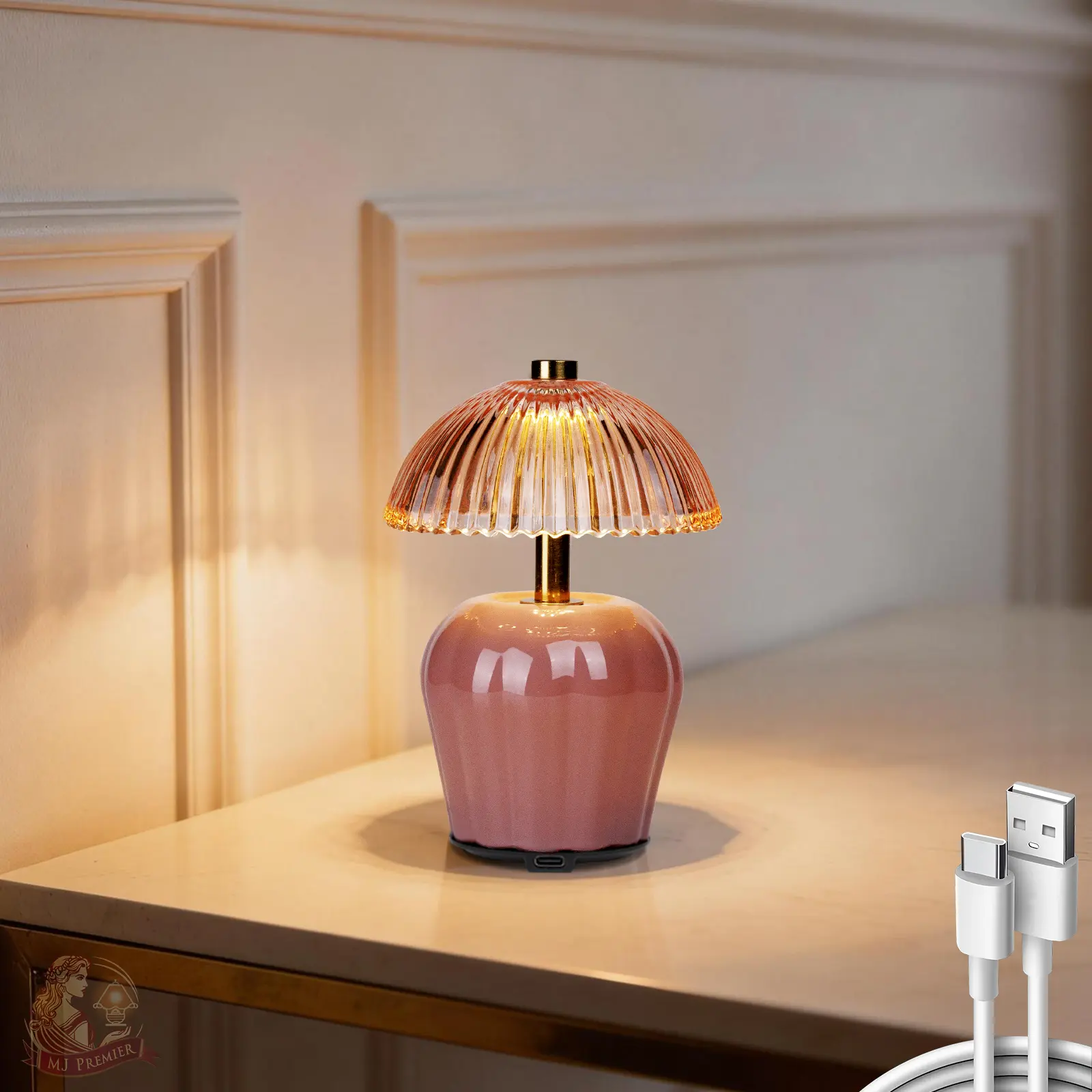 MJ PREMIER Rechargeable Table Lamp, Cordless Lamp with Timer, Mini Glass Mushroom Lampshade, Small Table Lamps, Decorative Led Light for Bedroom Living Room Shelf