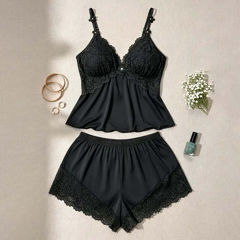 AVTKV Women's 2-Piece Lace Trim Lingerie Pajama Basic Set - Cozy Soft Spaghetti Strap Cami Top & Shorts, Adjustable Fabric, Minimalist Black Basic Fit, All-Season Casual Sleepwear Loungewear