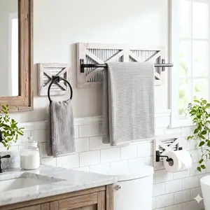 Autumn Alley 3-Piece Rustic Farmhouse Bathroom Set in White - Towel Rack, Towel Ring and Farmhouse Toilet Paper Holder