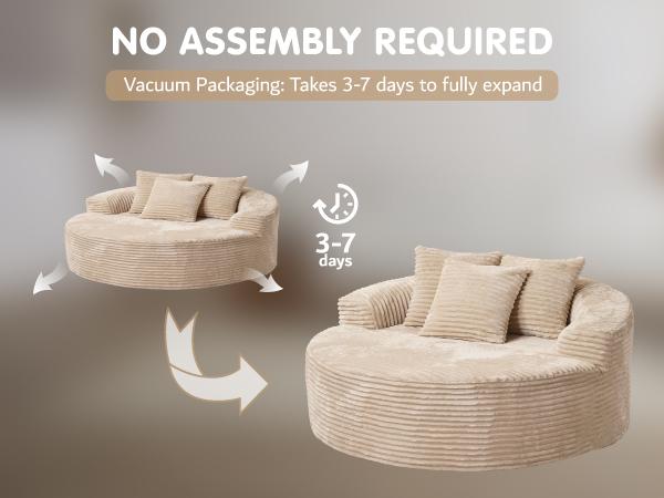 【2 Packages Shipping】Ovios 49" W Boneless Chaise Lounge and 59" W Oversized Round Sofa Bed - Sectional Sofa Set with Flexible Configuration, Plush Corduroy Fabric,No Assembly Required, 5 Pillows included