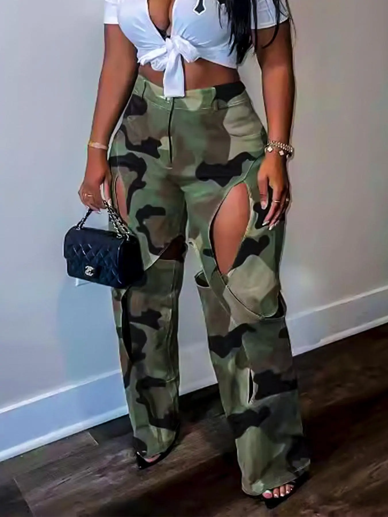 Women's Camo Print Cut Out Pocket High-Waist Straight-Leg Pants, Street Fashion Zipper-Fly Button Trousers for Daily Wear, Ladies' Bottom for All Seasons, Camouflage, Casual Style Bottoms, Streetwear Pants