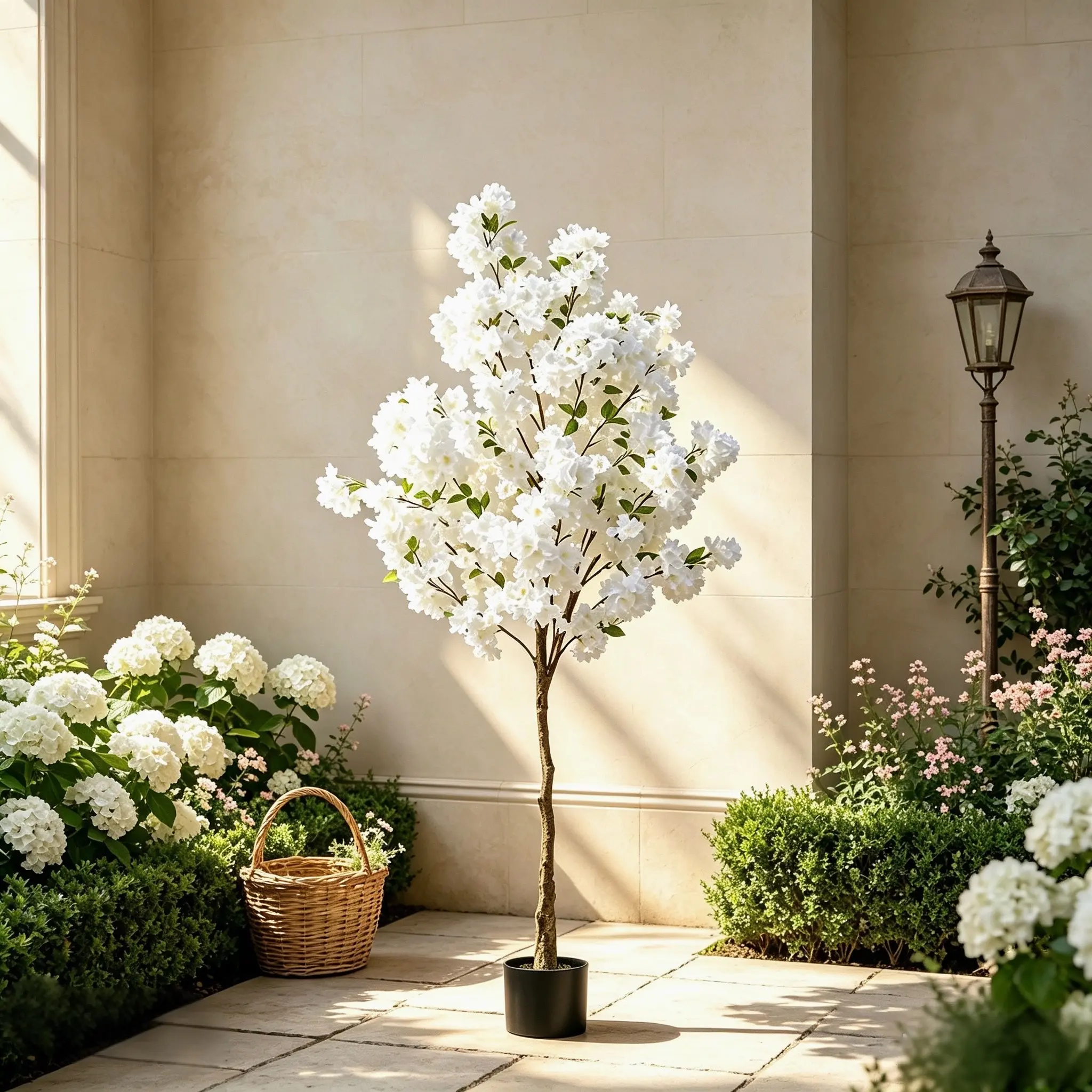 5FT Decorative Farmhouse Potted Artificial White Cherry Blossom Flower Tree, Realistic Silk Plant Set for Wedding, Room, Office Decor, Indoor Outdoor