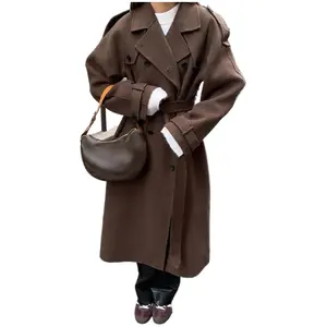 Elegant Women's Woolen Overcoat With Belt Loose Lapel Double Breasted Full Sleeve Long 2026 Autumn Winter Lady Trench Coat