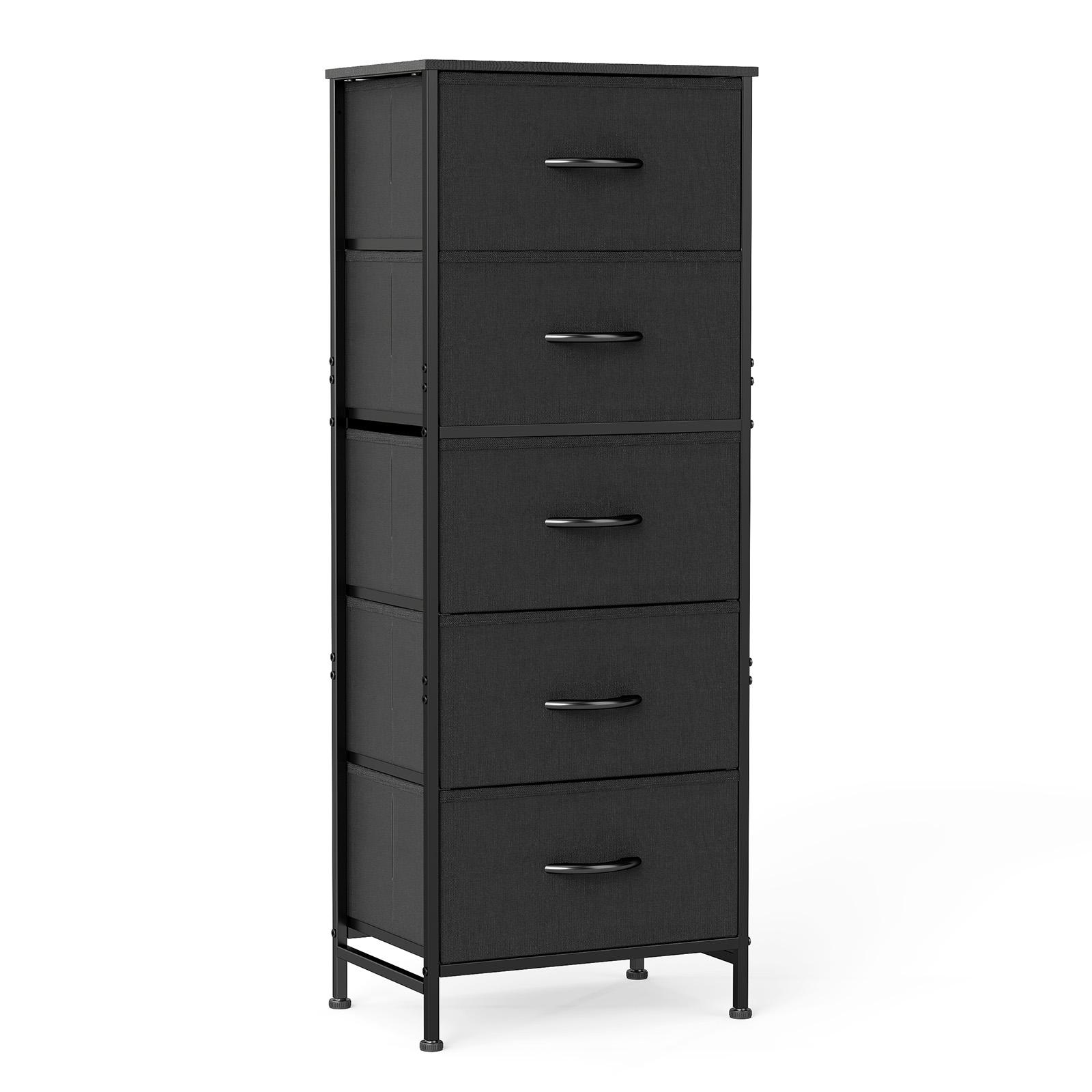 5 Drawer Fabric Dresser Tall Storage Tower with Wood Top Sturdy Metal Frame Large Capacity Chest of Drawers for Bedroom Closet or Hallway Available in Multiple Colors