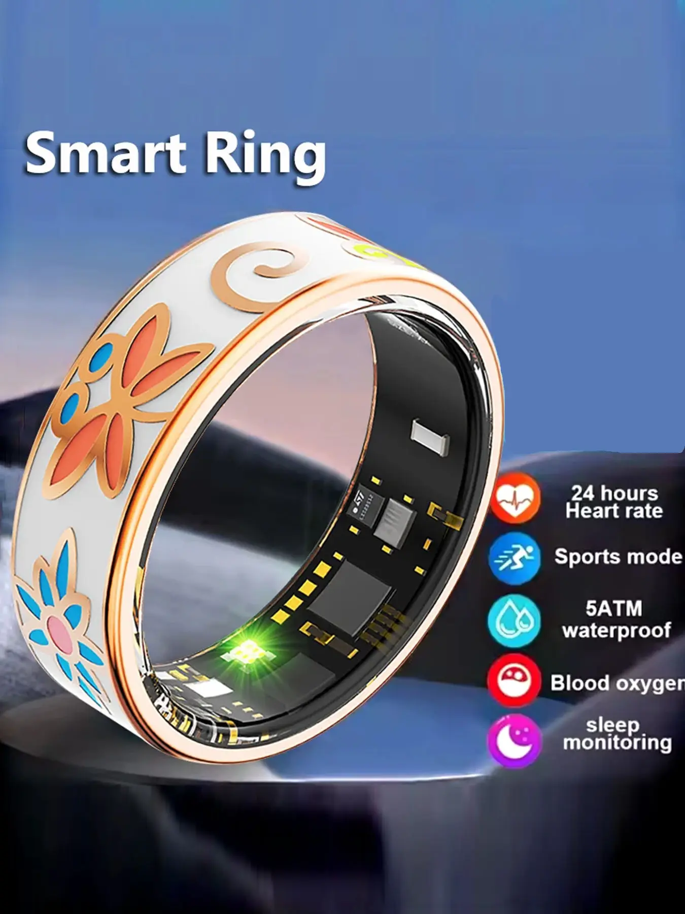 Women's Smart Ring, 5 ATM Waterproof Health Tracker, Heart Rate Oxygen Sleep Monitor, Multi-Sport Mode, Magnetic Charging, Sporty Style, Steel
