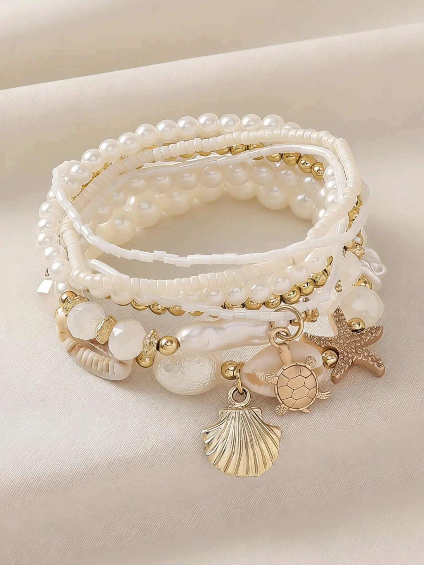 Women's Boho Shell and Starfish Bracelet Set, Beautiful Bracelets, Trendy Faux Pearl Jewelry, Handmade Beach-Style Accessory for Parties and Vacations