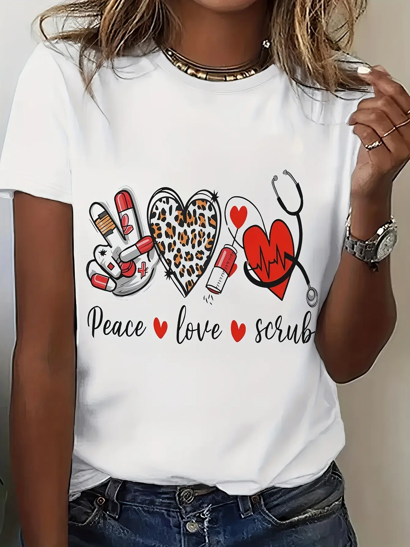 Women'S Nursing-Themed T-Shirt - Peace Love Scrub Top with Icons (Stethoscope, Hearts, Leopard Print) - Soft Everyday scrub Shirt for Nurses, Healthcare Workers - Machine Washable All-Season Tee - White Nursing Apparel Gift, Nurse Casual Wear
