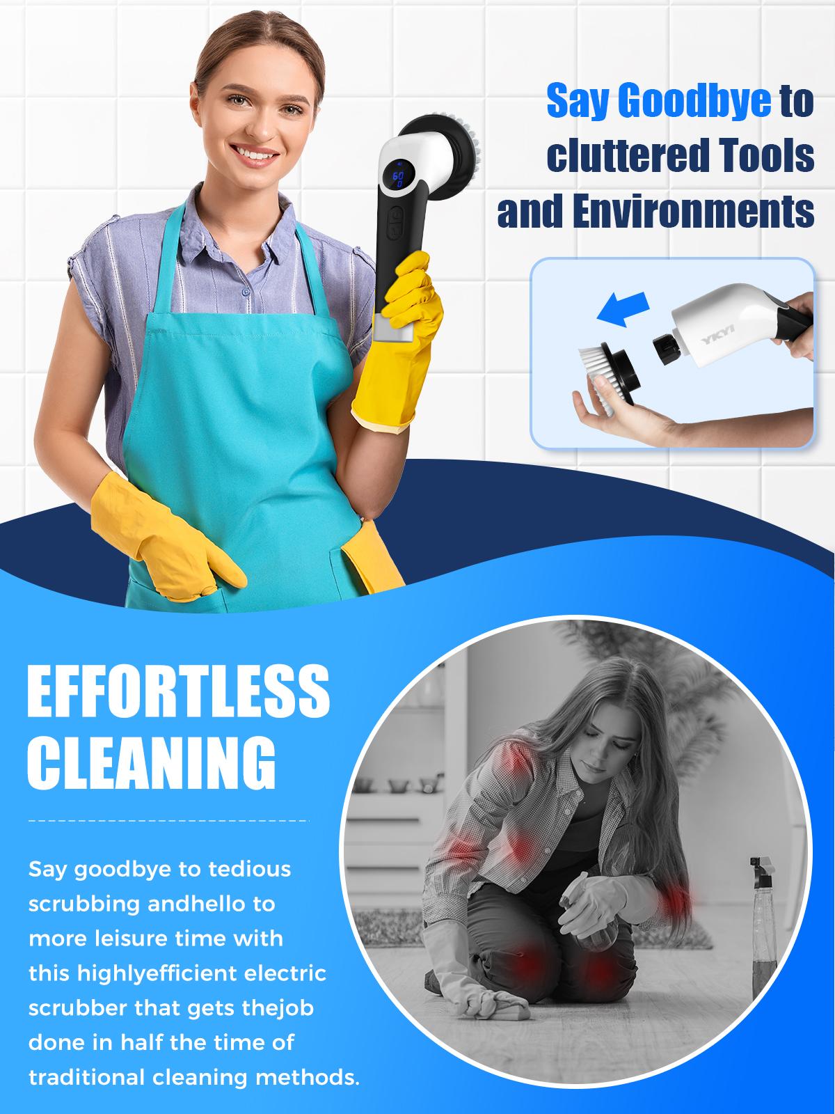 YKYI Electric Spin Scrubber with 8 Replaceable Brush Heads, 3 Adjustable Speeds, Retractable Handle, Portable Durable Cleaning Brush for Bathroom, Kitchen, Household, Fast Charging, Battery Display