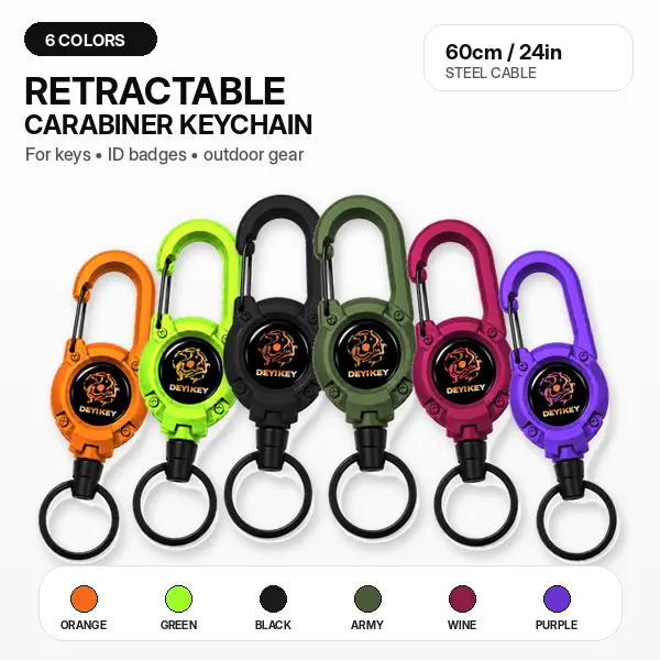Retractable Carabiner Keychain with 24in Steel Cable, Heavy Duty Key Ring Clip for Keys, ID Badge & Outdoor Use
