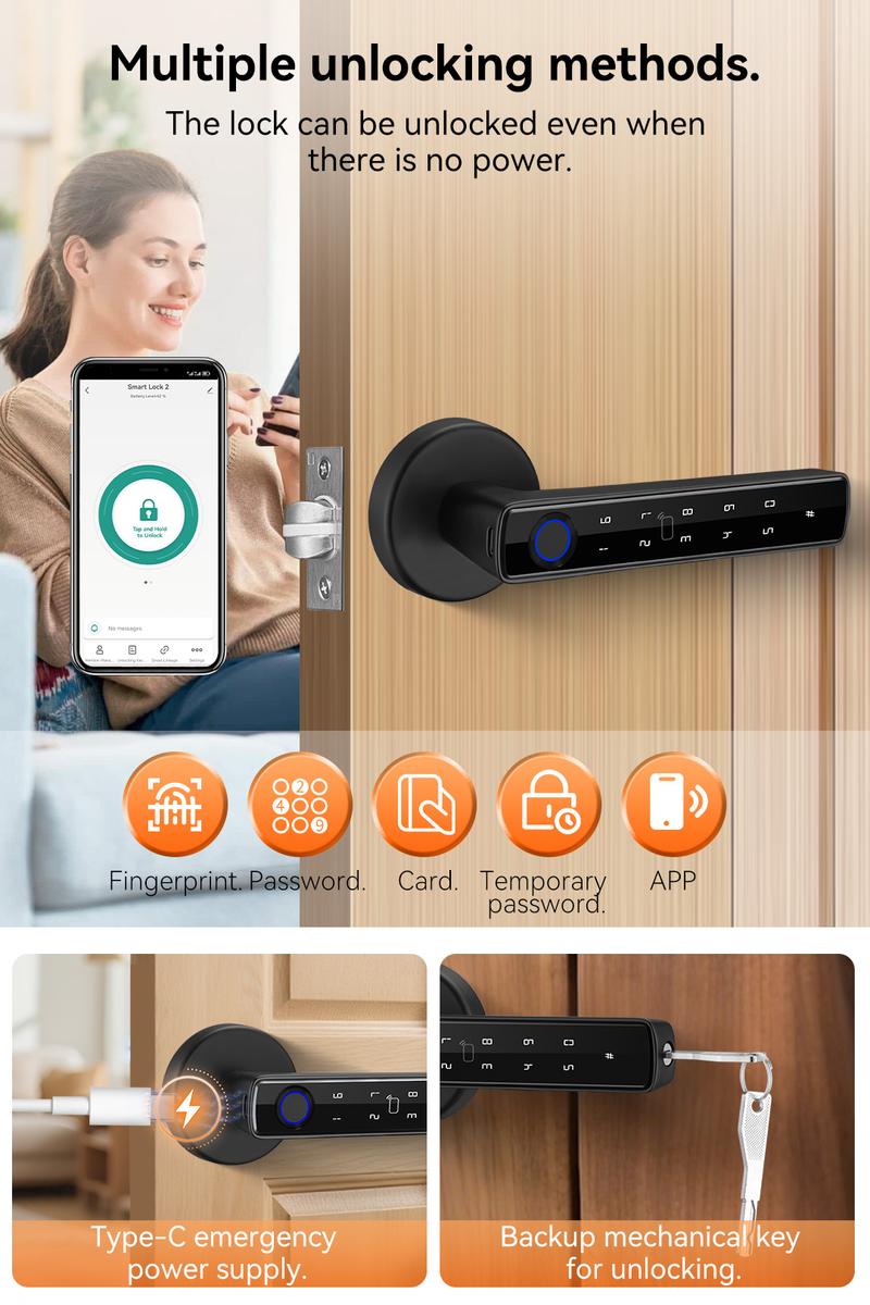 Smart Fingerprint Door Lock with Handle Keyless Entry 4-in-1 Card APP Backup Key Bedroom Home Privacy Apartment Local Data Storage