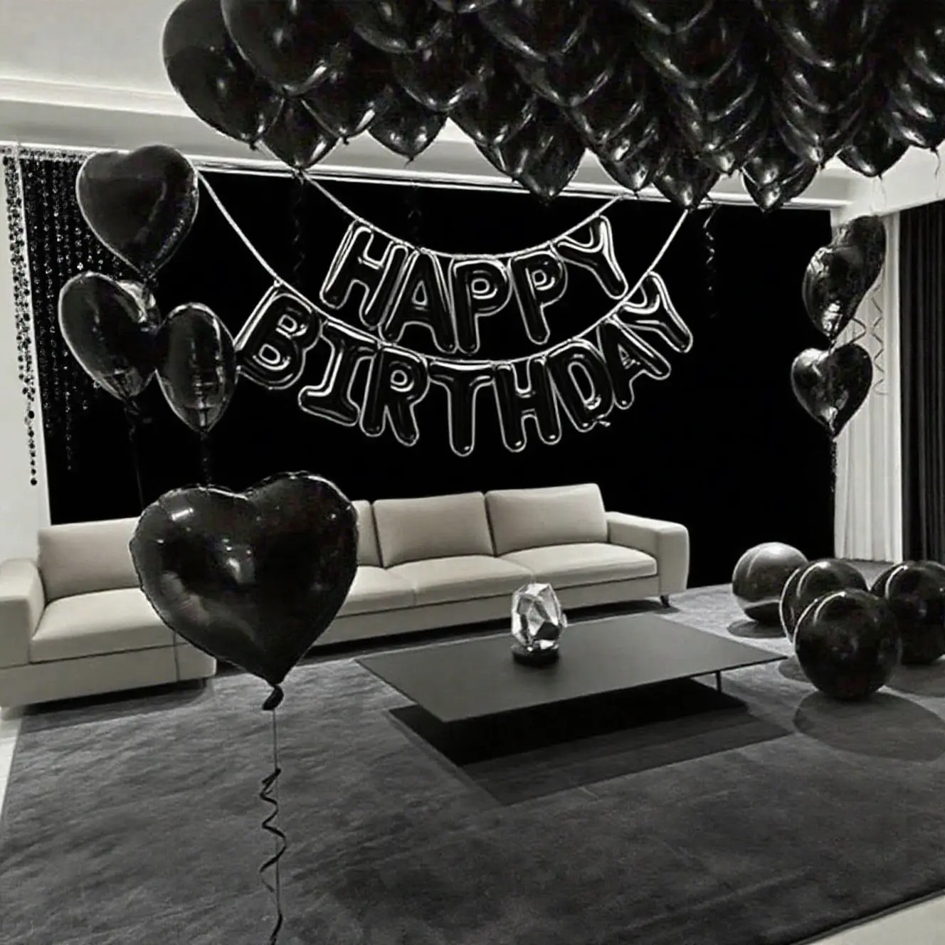 65pcs Black Happy Birthday Decoration Set -Happy Birthday Letter, Black Heart Foil Balloons, Suitable for Birthday Party, Holiday Event, Wedding Engagement Decoration, Bridal Shower, Graduation Ceremony Decoration, Christmas Decor,Halloween Costume