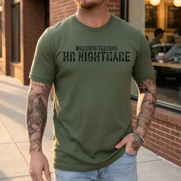 Men's Traditional Cotton Short-Sleeve Hoodie Sweatshirt - Classic Menswear Fabric Top, Funny Walking Talking HR Nightmare Office Worker Gift