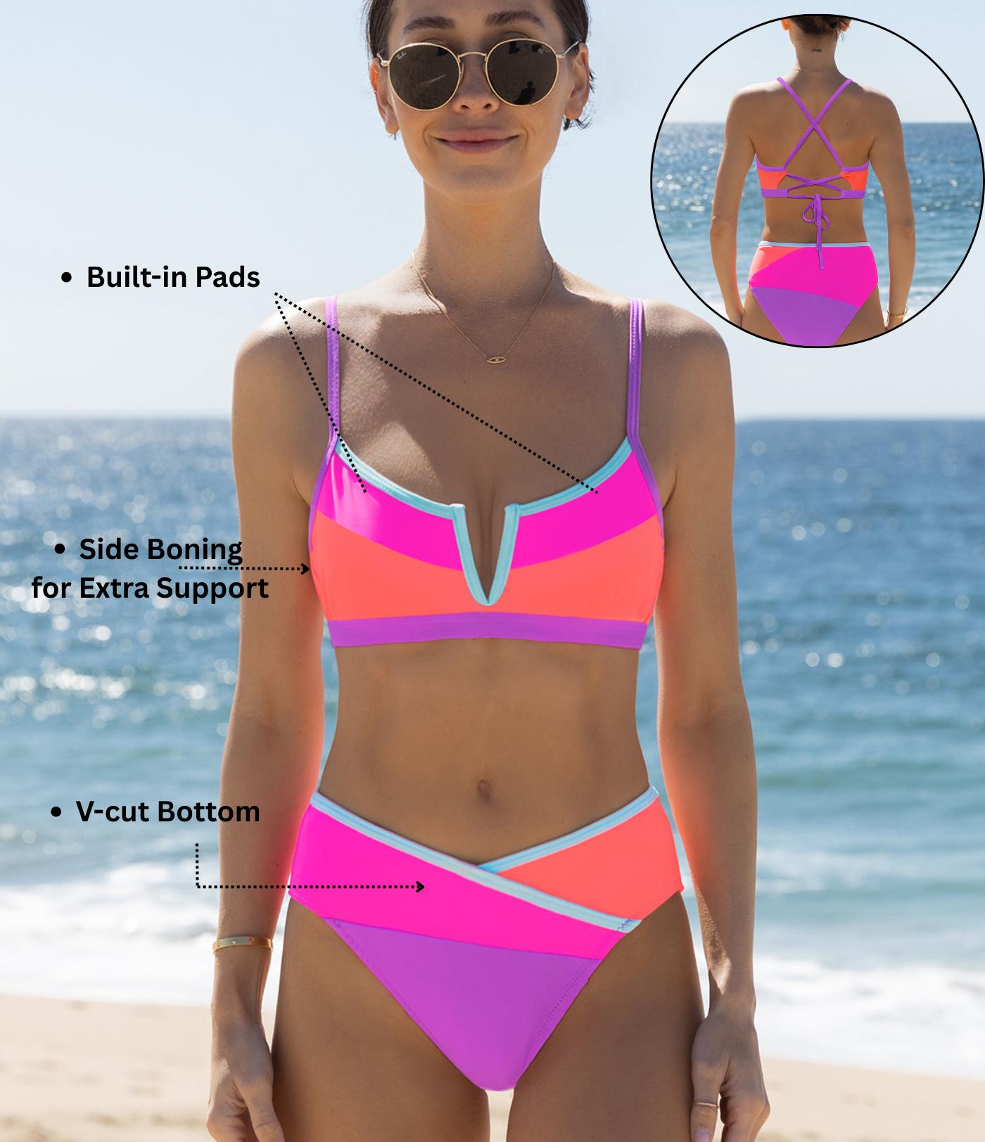 Popvil 【Built-in Pads】V-cut High Waisted Neon Bikini Set,Tummy Control Color Block Swimsuit for Women, Neon Bathing Suit with Adjustable Strap and Built-in Pads