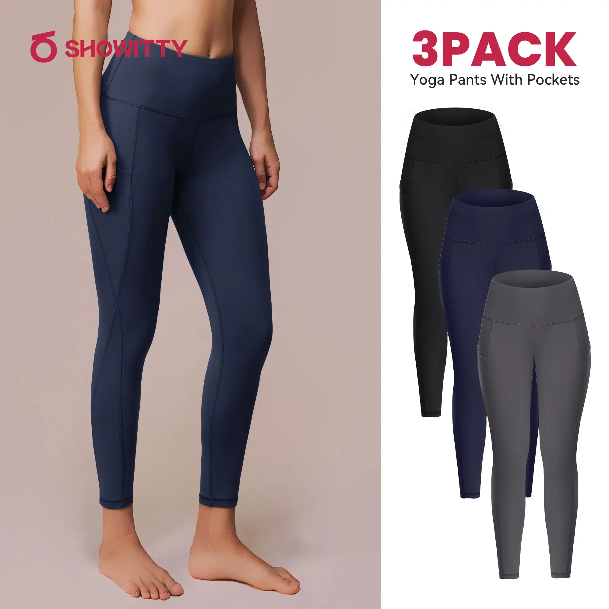 SHOWITTY Women's High Waisted Tummy Control 1/3 Pack Leggings with Pockets – Non See-through Stretchy Yoga Pants for Workout #tiktokshopsummersale